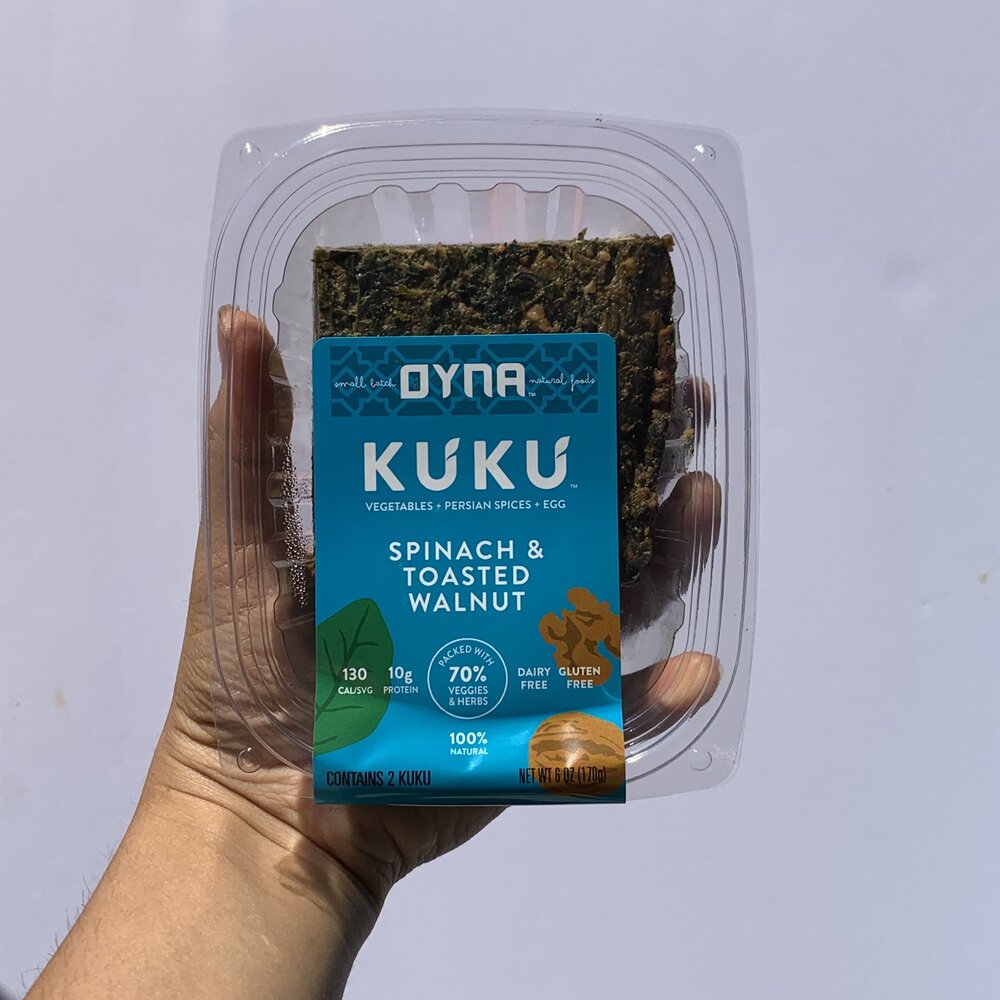 Ingredients:  Spinach, Eggs, Caramelized Onions, Parsley, Walnuts*, Garlic*, Olive Oil, Chickpea Flour, Spices and Sea Salt.  Contains:  Egg &amp; Walnuts.  *ORGANIC  Contains 2 squares - freezable