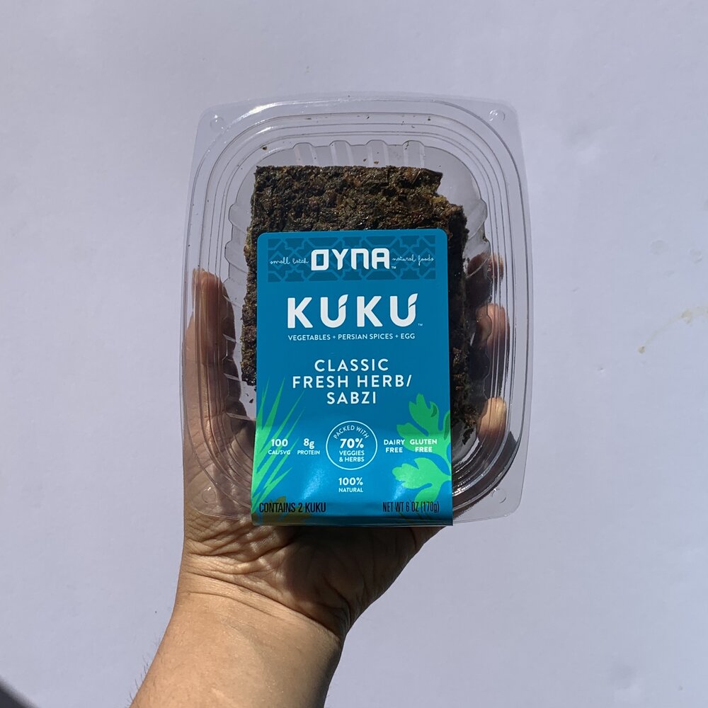 Ingredients:  Fresh Herbs (Green Chives, Parsley, Dill, Cilantro), Eggs ,  Caramelized Onions, Walnuts*,   Barberries, Garlic*, Chickpea Flour, Olive Oil, Spices, and Sea Salt.  Contains:  Egg &amp; Walnuts.  *ORGANIC  Contains 2 squares - freezable